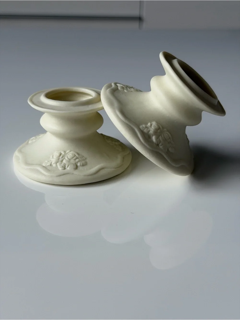 Vintage Matte Ceramic Ivory Floral Candle Holders - Set of 2
